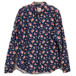 GAP Shirt Mens Sz‎ L Navy Blue Floral Print Modern Oxford Button Up Cotton